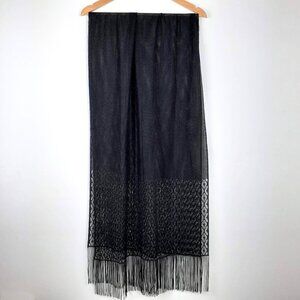 Whimsigoth Sheer Lacy Scarf Wrap. Black Goth Chapel Veil Fringes Shimmer 22 x 82
